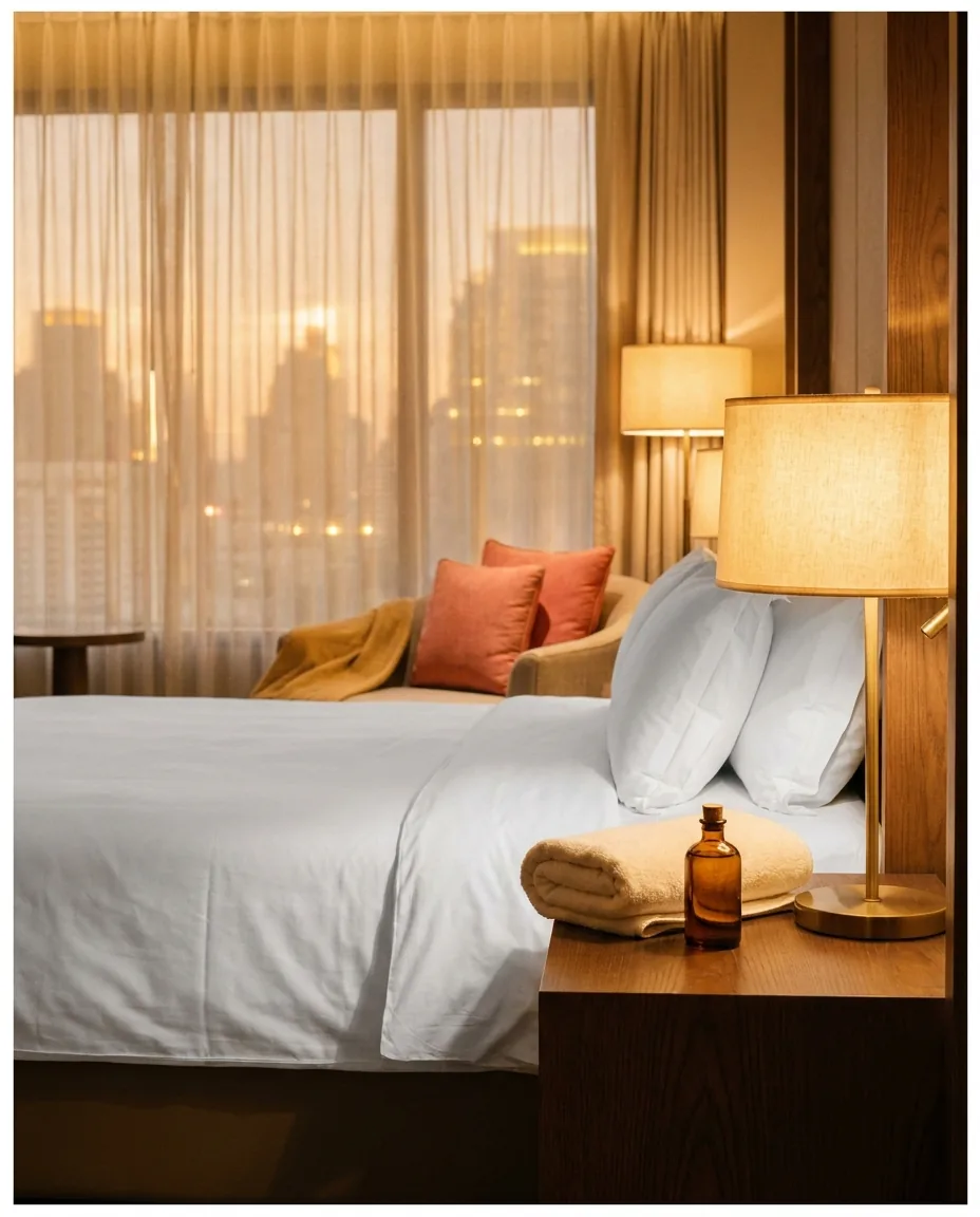 A calm Bangkok hotel room prepared for an in-room massage, with fresh white sheets and warm lamp light