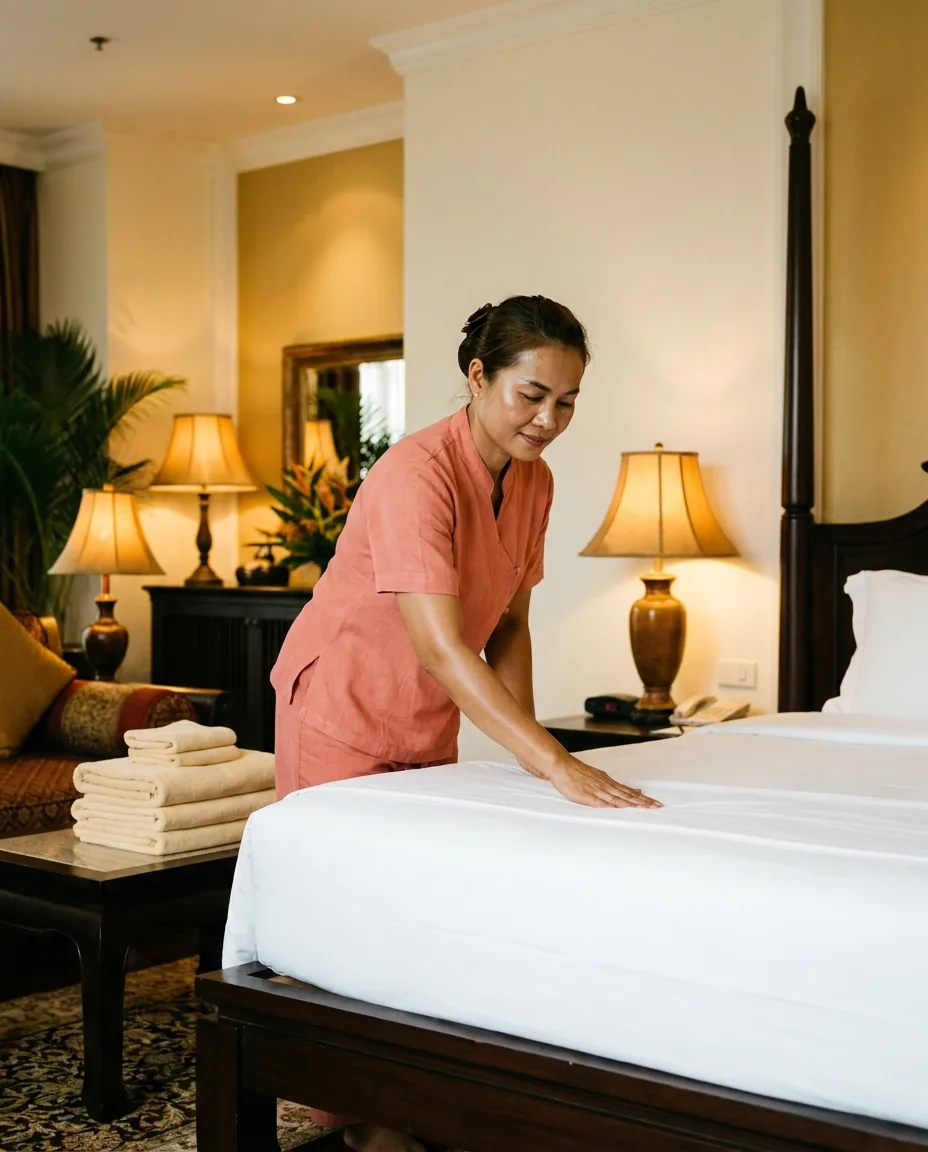 A licensed Elysian therapist in a coral uniform preparing fresh sheets in a Bangkok hotel room