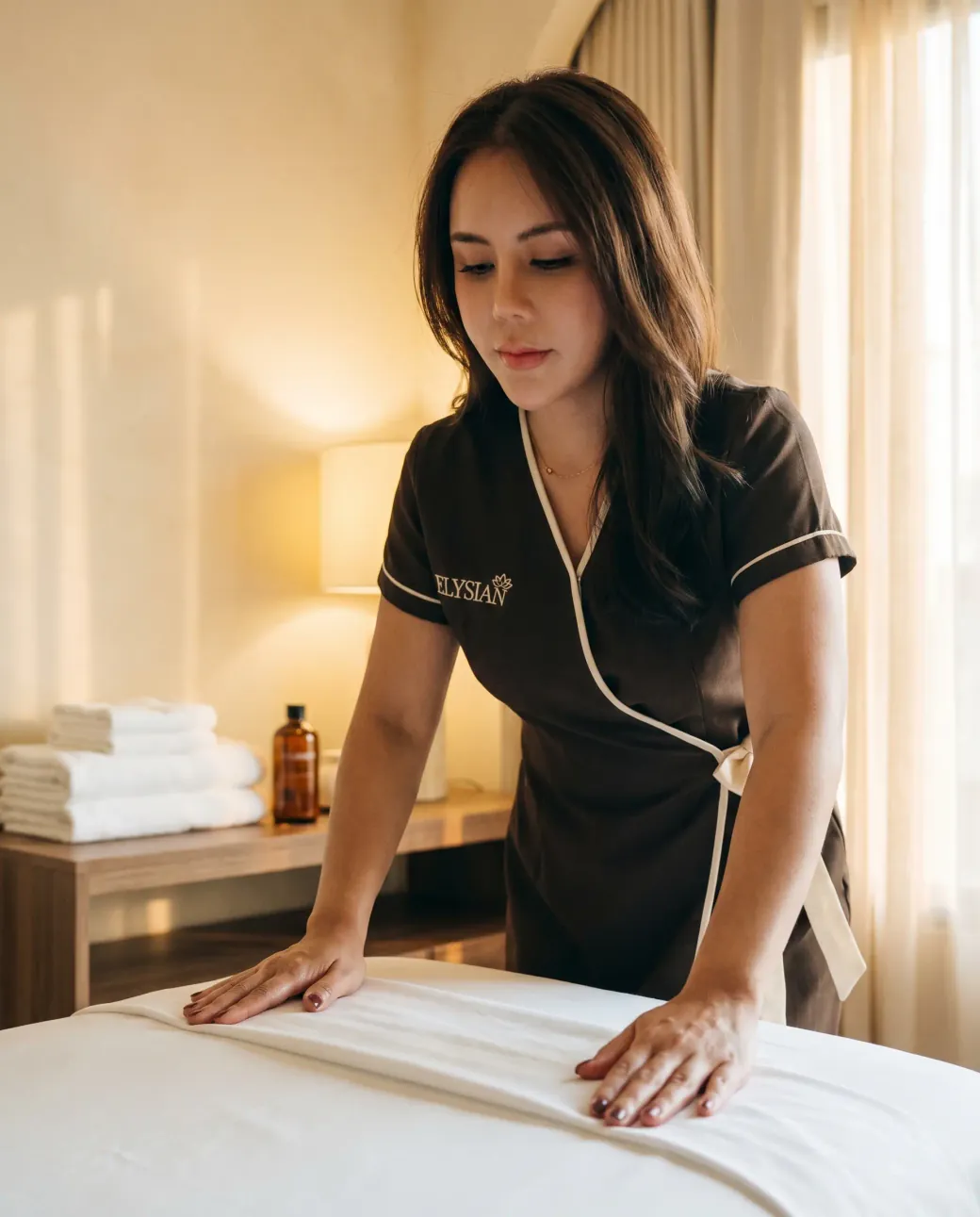 A licensed Elysian therapist in the brown Elysian uniform smoothing fresh white sheets in a Bangkok hotel room, with folded towels and fresh oil nearby
