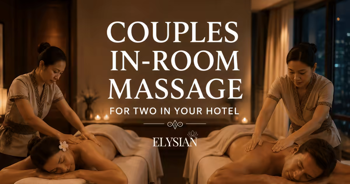 Couple receiving a side-by-side in-room massage from two licensed Thai therapists in a Bangkok hotel room