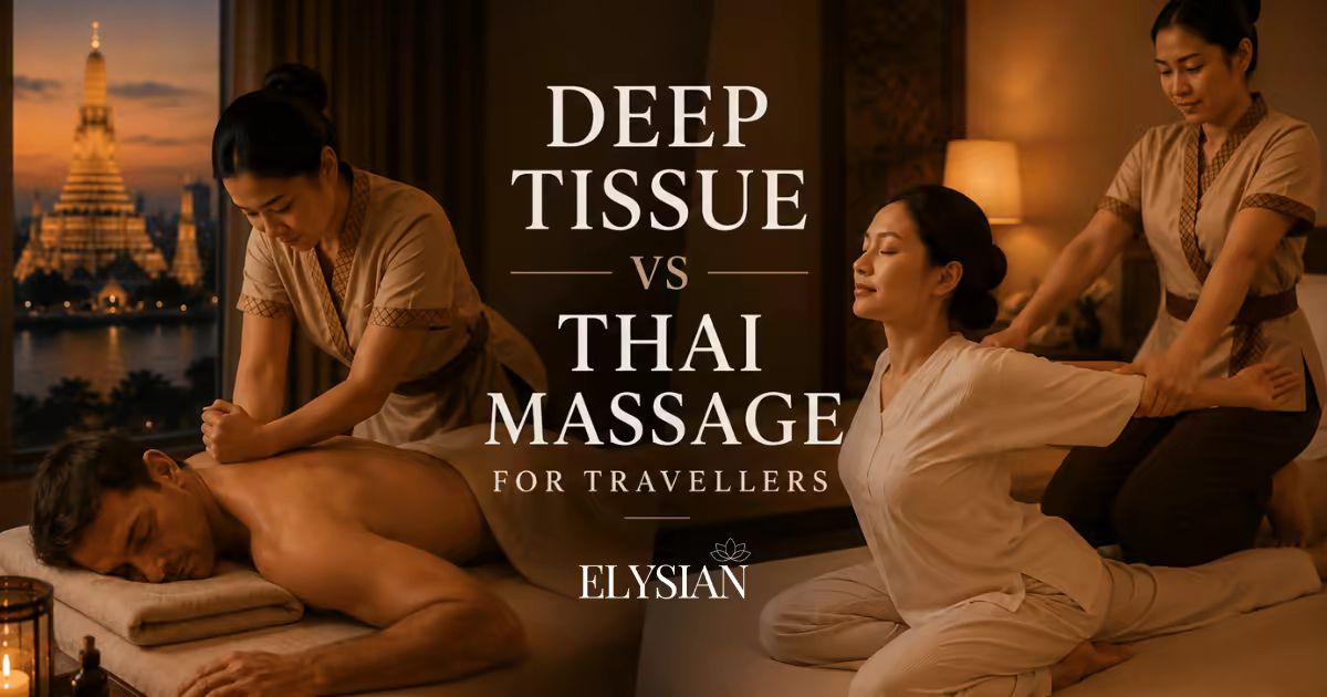 A deep tissue massage on a hotel bed beside a seated Thai massage stretch, comparing deep tissue and Thai massage in Bangkok