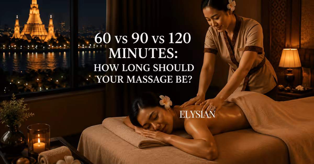 An oil massage in progress in a Bangkok hotel room at night, illustrating how long a massage should be, the lit temple behind