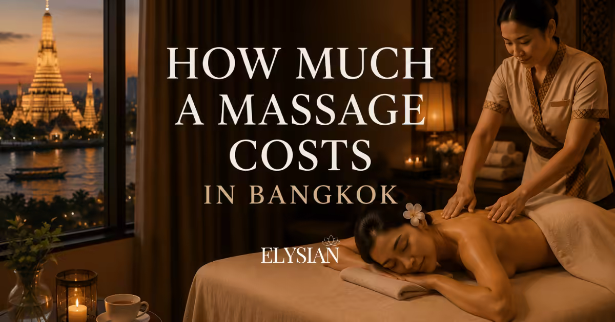 A relaxing oil massage in a warmly lit Bangkok hotel room overlooking the river at sunset, illustrating massage costs in Bangkok