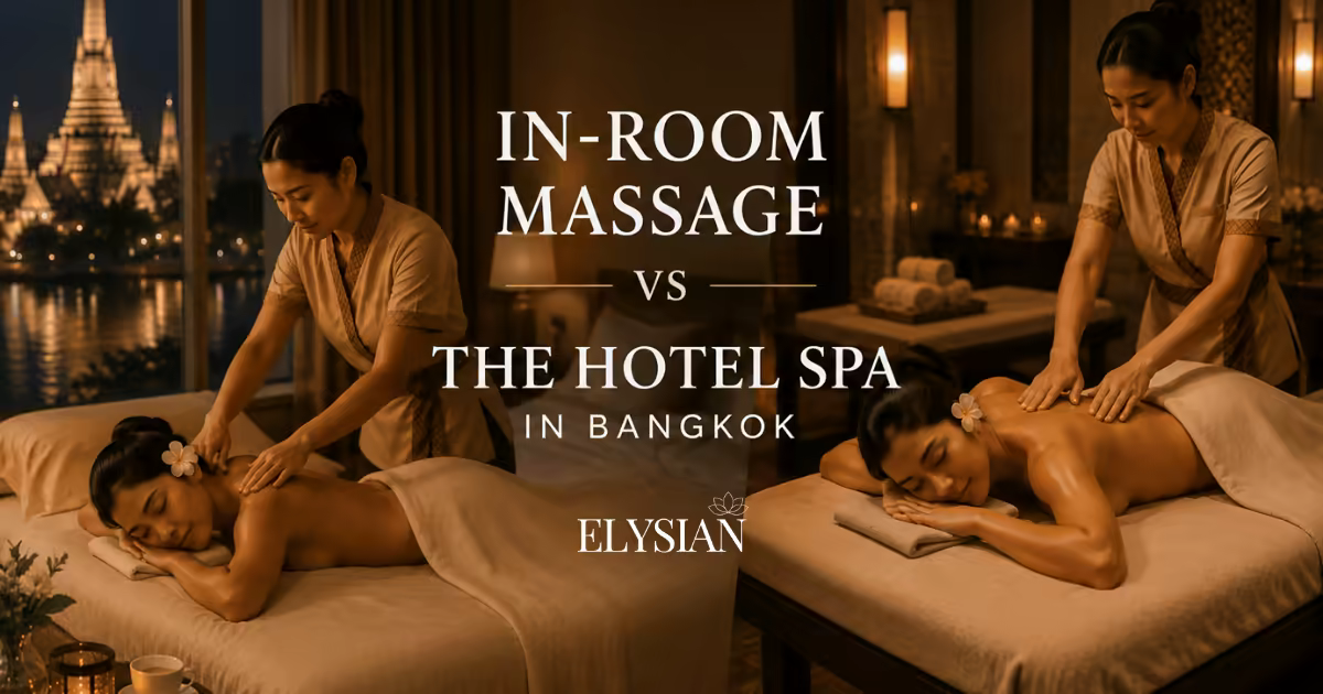 Split comparison of an in-room massage on a hotel bed beside a hotel spa treatment on a massage table in Bangkok