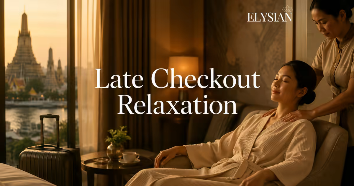 Traveller relaxing in a robe during a late checkout in-room massage in a Bangkok hotel room overlooking the river at sunset