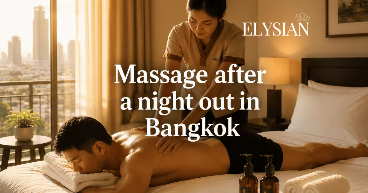 A man receiving a gentle in-room oil massage on a hotel bed in Bangkok in soft morning light