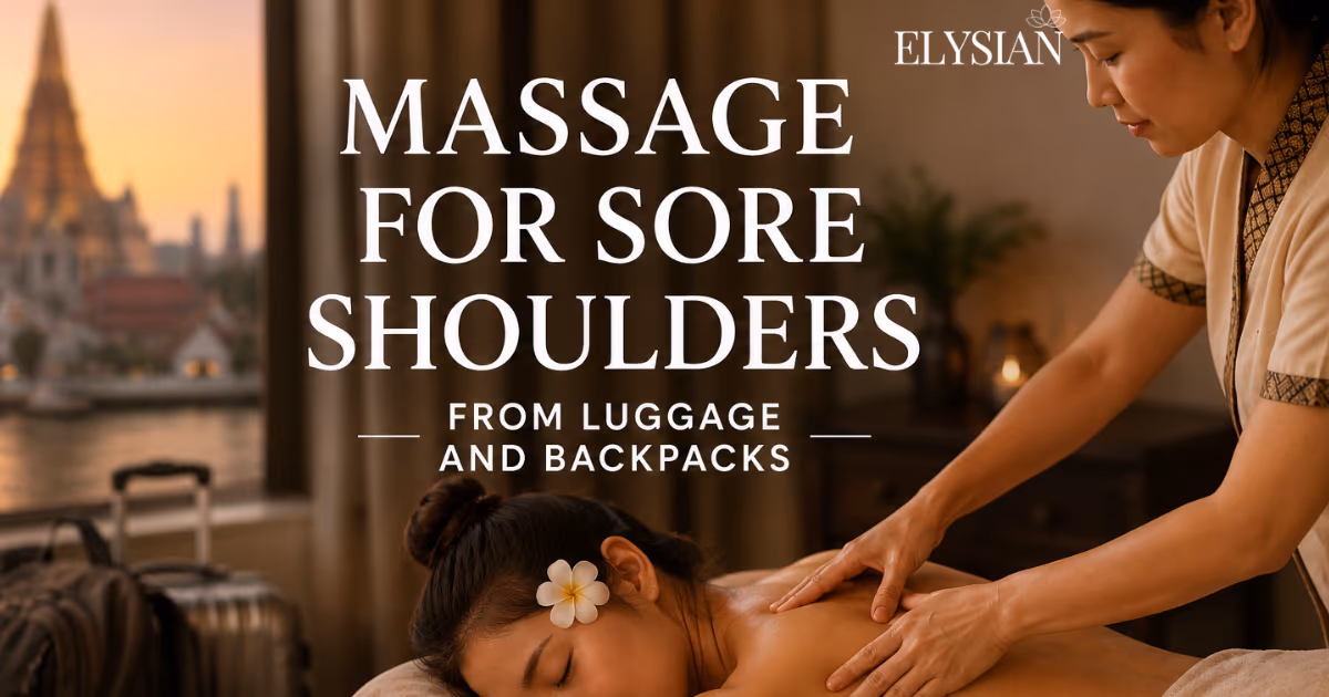 Therapist relieving a traveller's sore shoulders and neck from carrying luggage during an in-room massage in a Bangkok hotel room