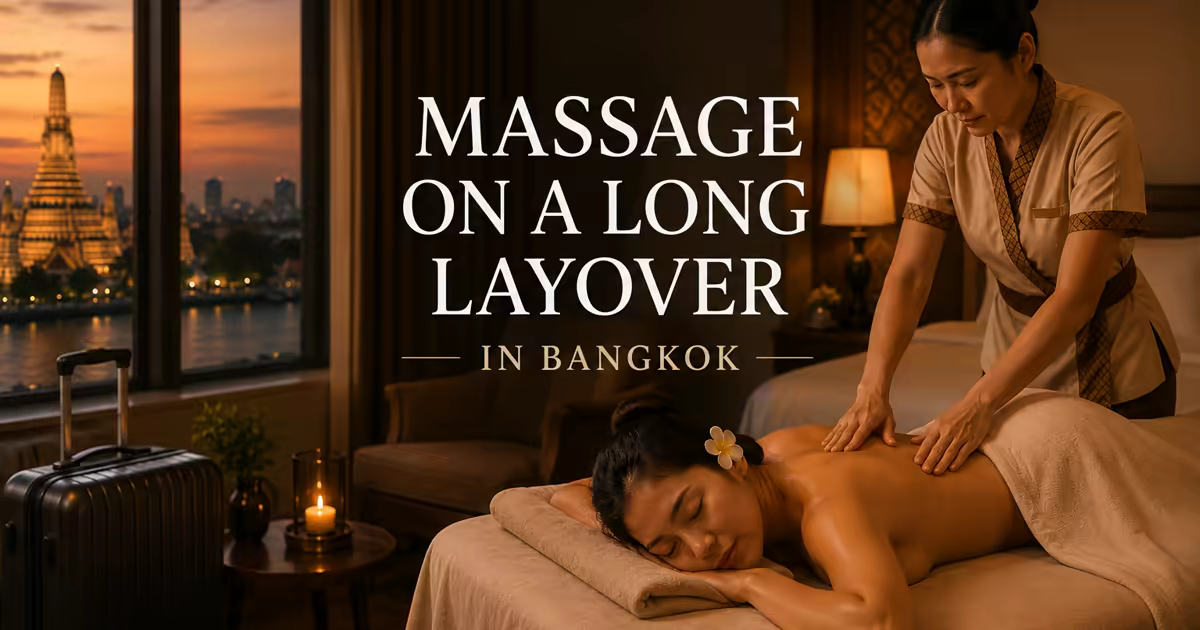 A relaxing in-room back massage during a long layover in a Bangkok hotel room overlooking the river at sunset