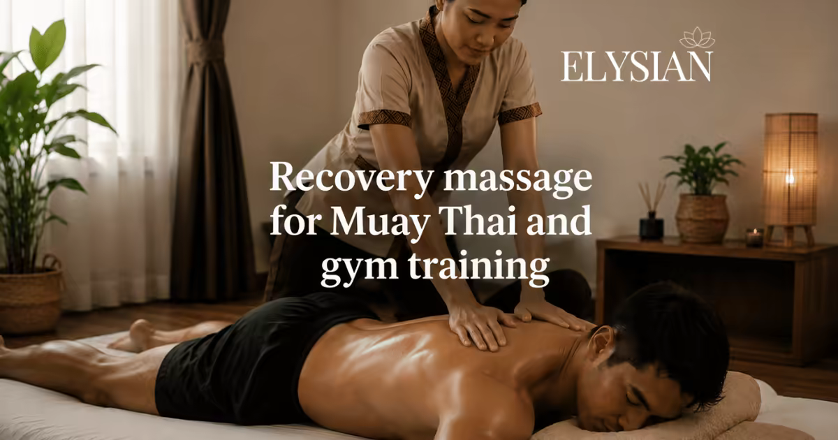 A male athlete receiving a recovery massage on a bed in a Bangkok hotel room after training