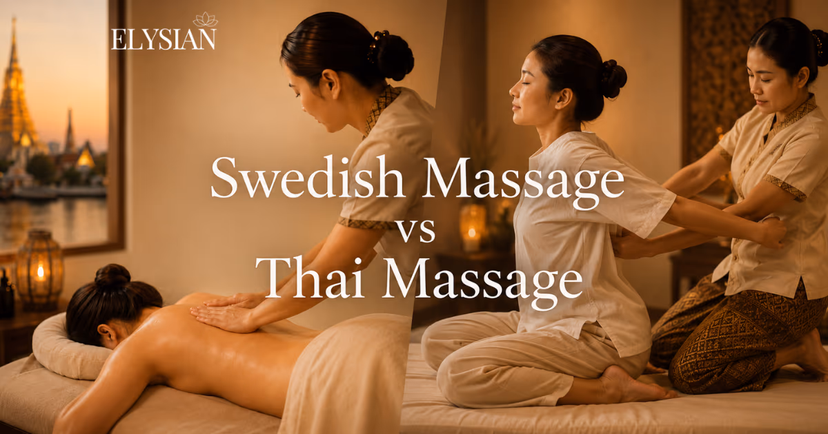 Swedish oil massage on the left and traditional Thai massage with assisted stretching on the right, comparing Swedish, oil and Thai massage in Bangkok