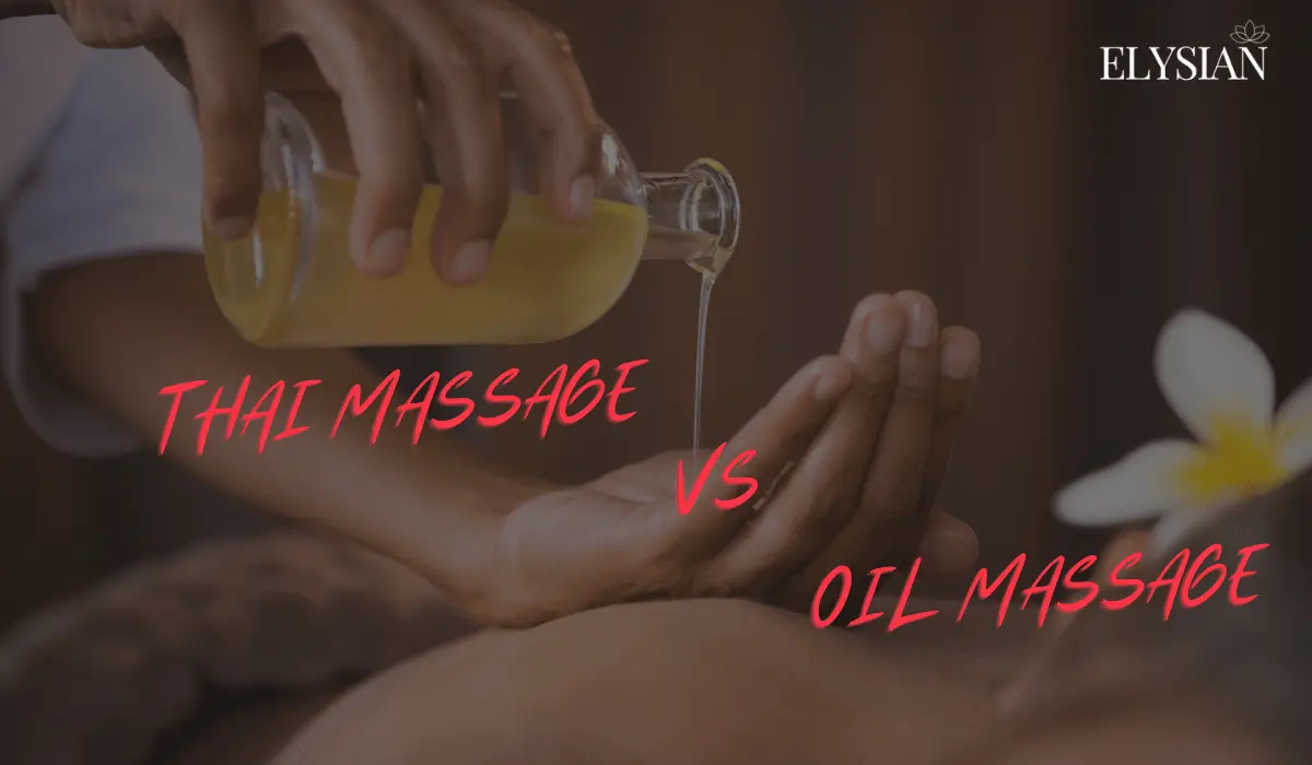 A therapist applying traditional Thai stretching beside warm aromatherapy oils, comparing Thai and oil massage in a Bangkok hotel room