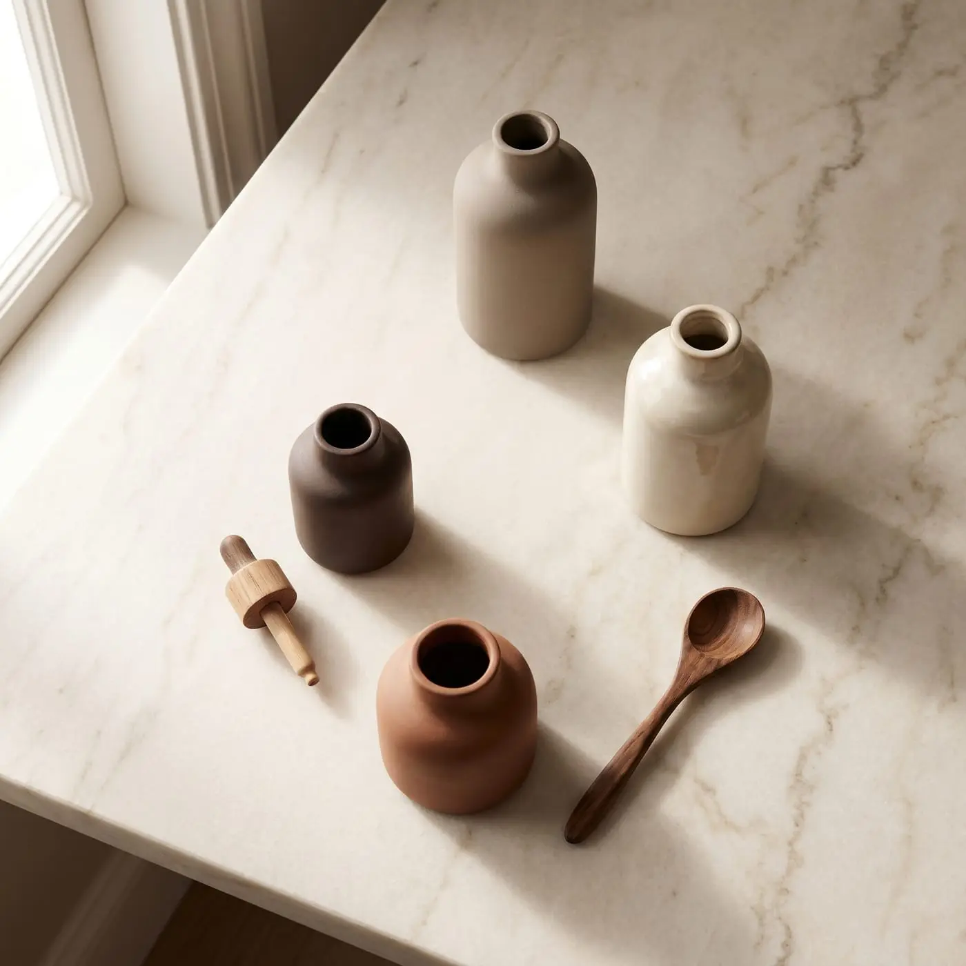 Massage oils in matte ceramic bottles with a wooden dropper and spoon on a marble surface