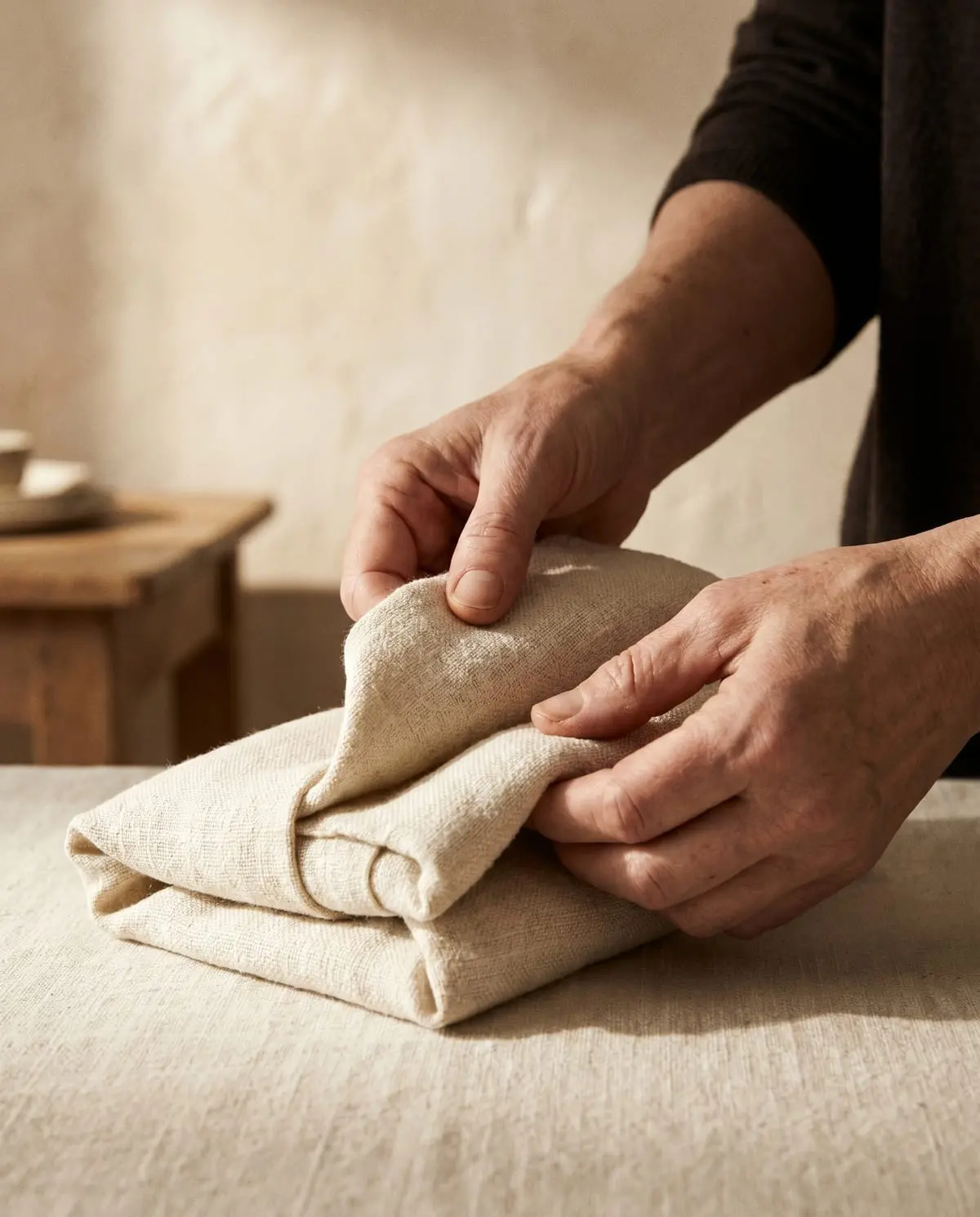 A therapist folding a linen treatment cloth by hand against a warm plaster wall