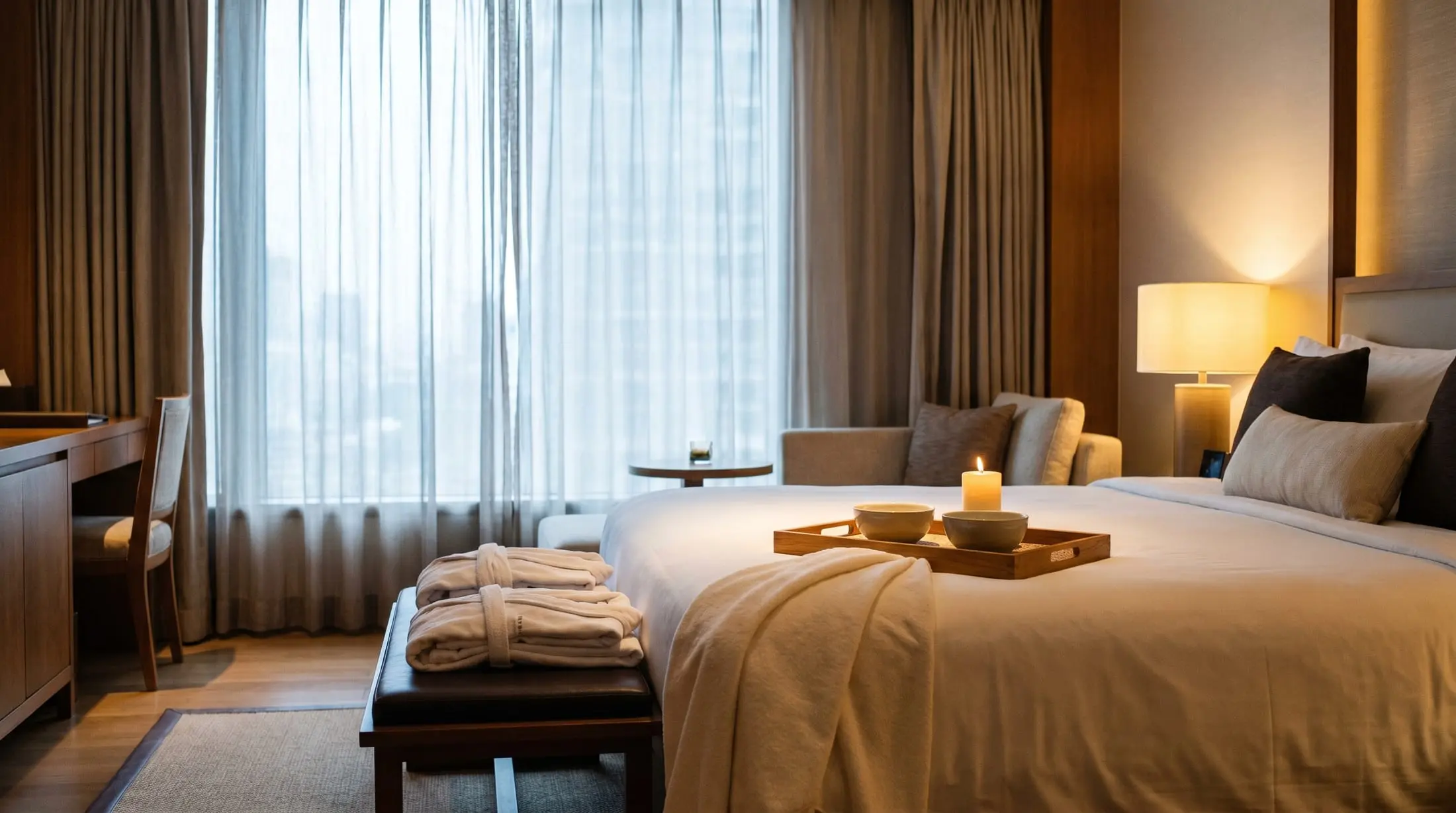 A Bangkok hotel suite prepared for an in-room massage: folded robes, a candle and bowls on the bed, the city beyond a sheer-curtained window