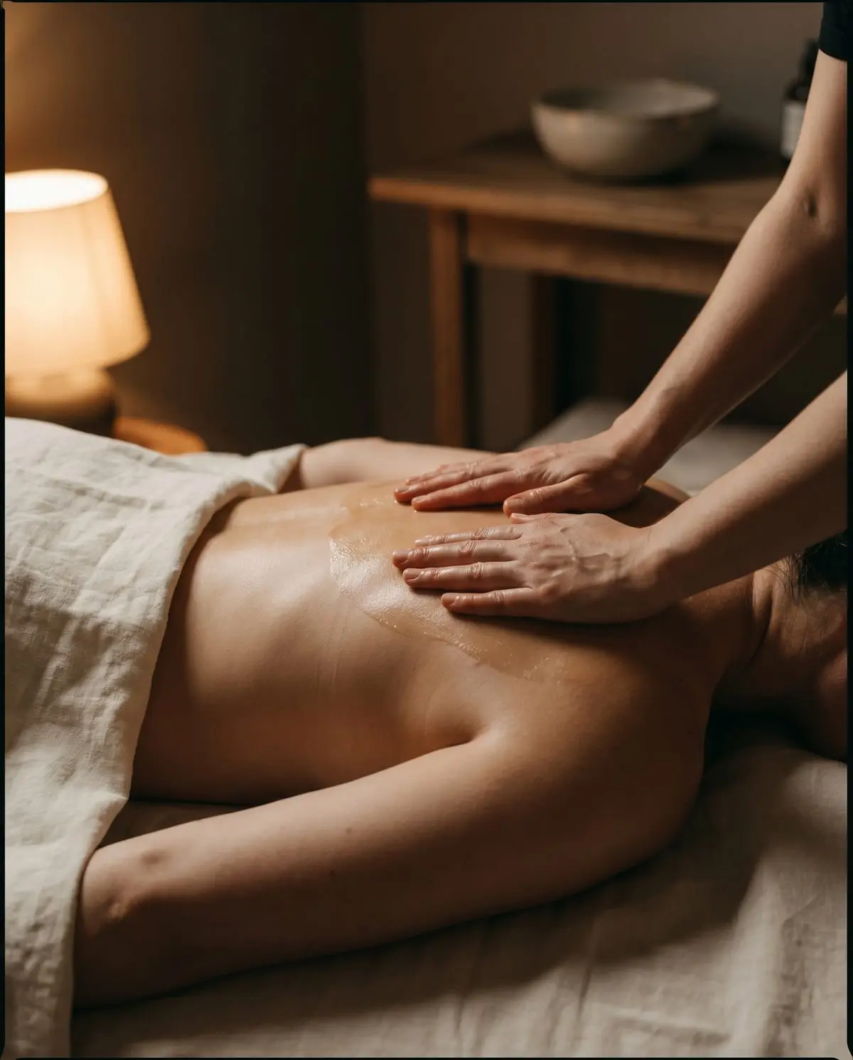 An Elysian therapist performing an oil back massage in a softly lit hotel room