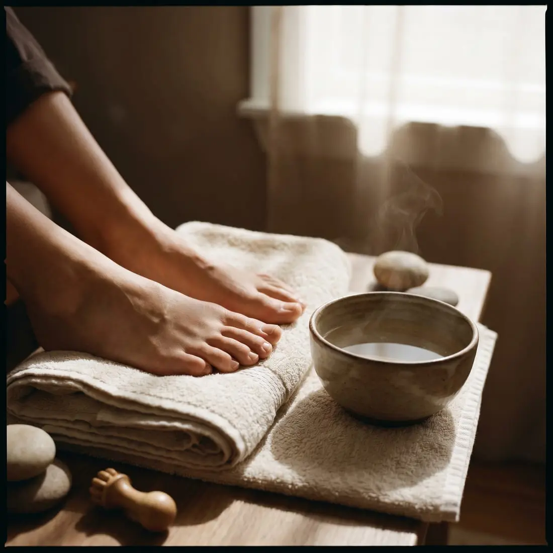 Bare feet resting on a folded towel beside a steaming bowl of water and warm stones