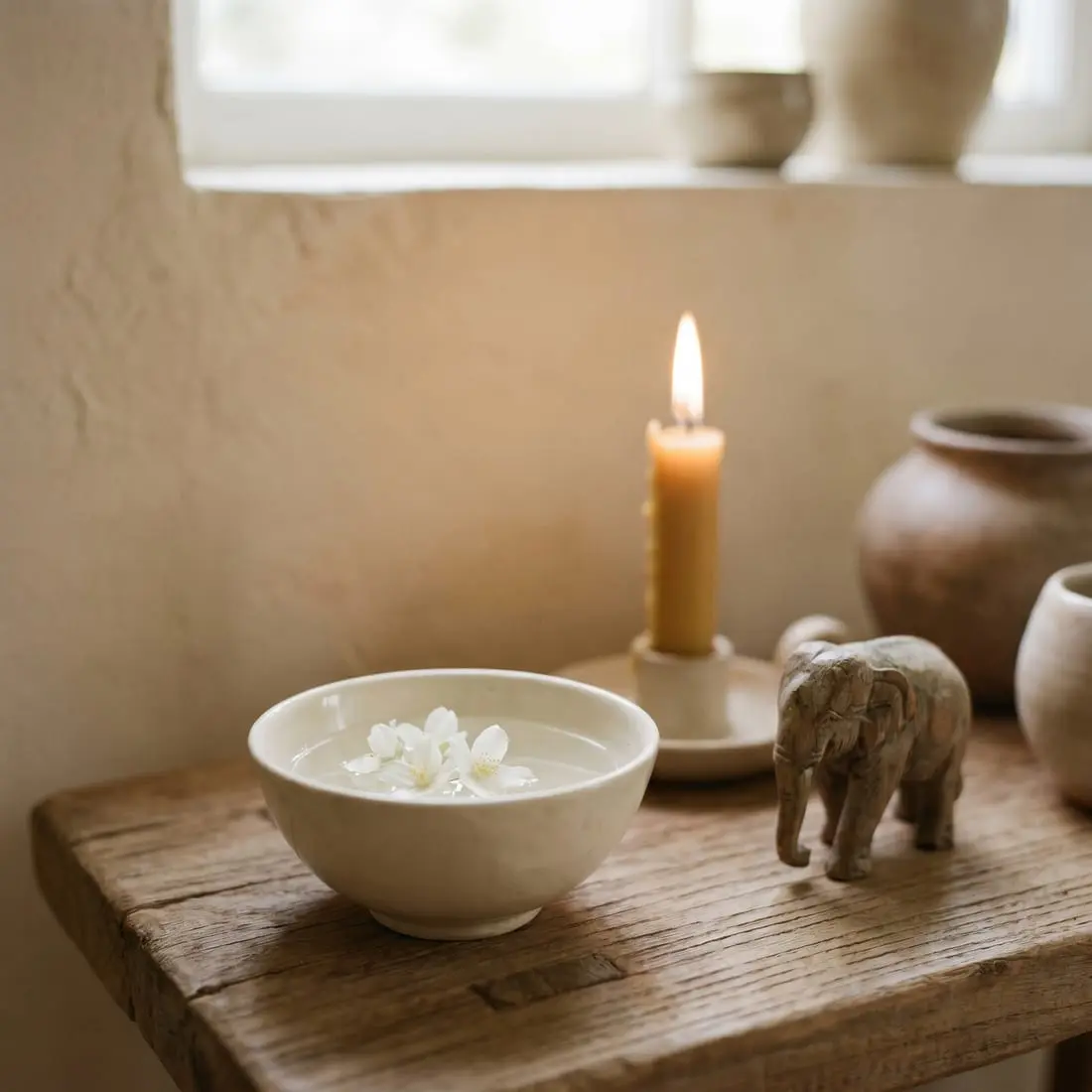Jasmine flowers floating in a ceramic bowl beside a beeswax candle and a carved wooden elephant