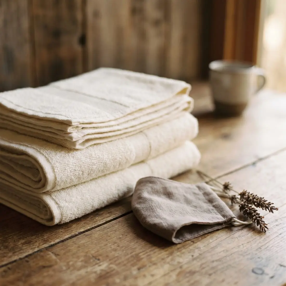 A stack of folded towels with a linen drawstring pouch and dried lavender on rustic wood