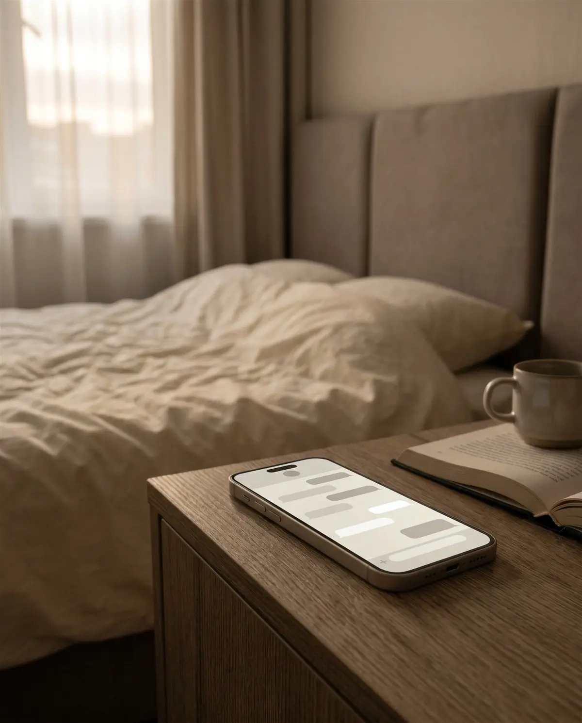 A phone on a hotel nightstand showing a booking conversation