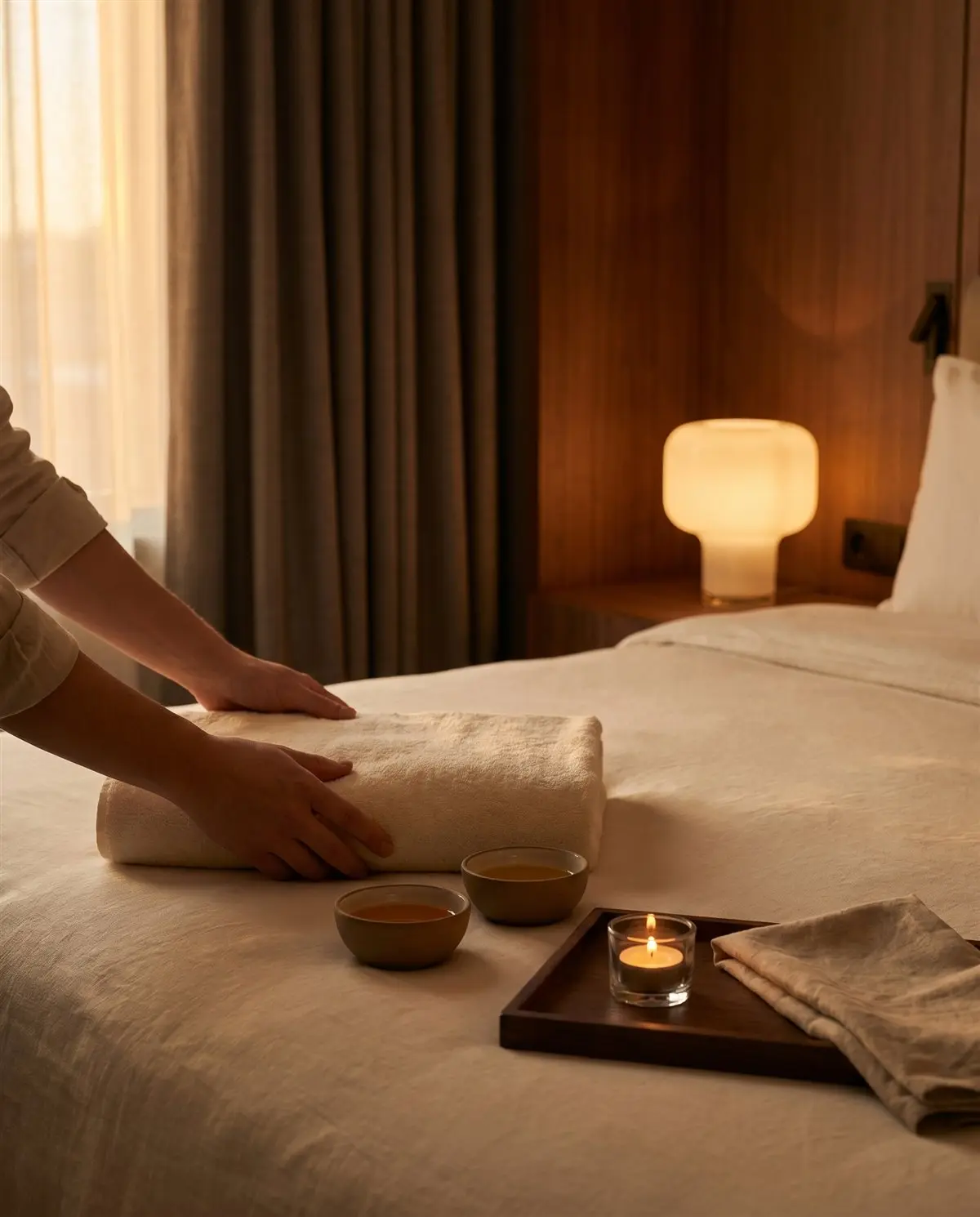 A prepared in-room massage setup with towel, oil bowls and candle in a hotel room