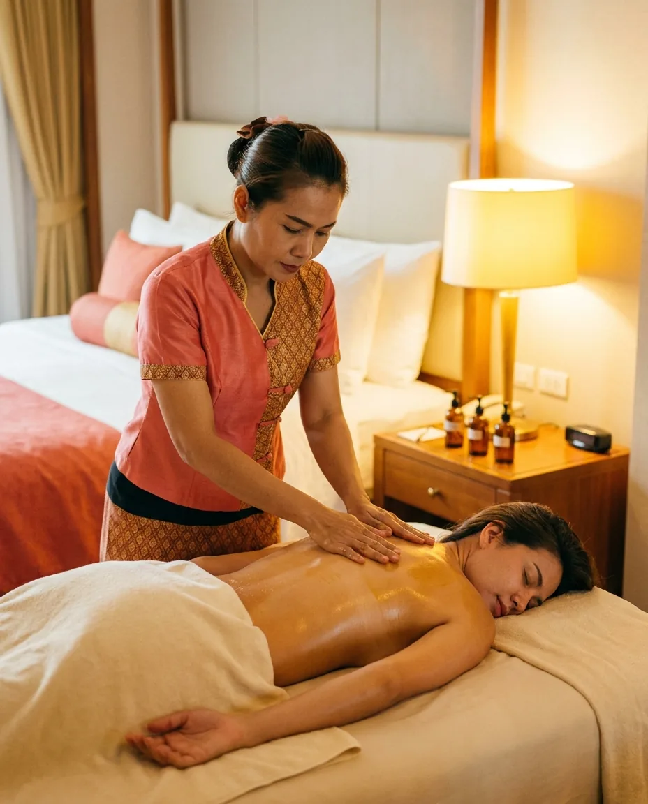 Licensed therapist working warm aromatherapy oil along a relaxed guest's back in a Bangkok hotel room