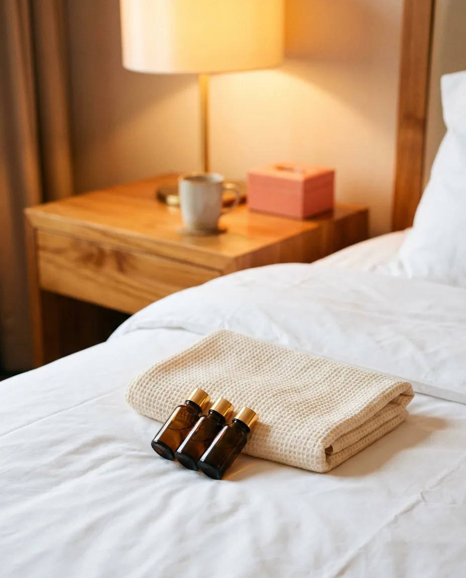 Warm amber aromatherapy oils and a folded towel set on fresh sheets in a Bangkok hotel room