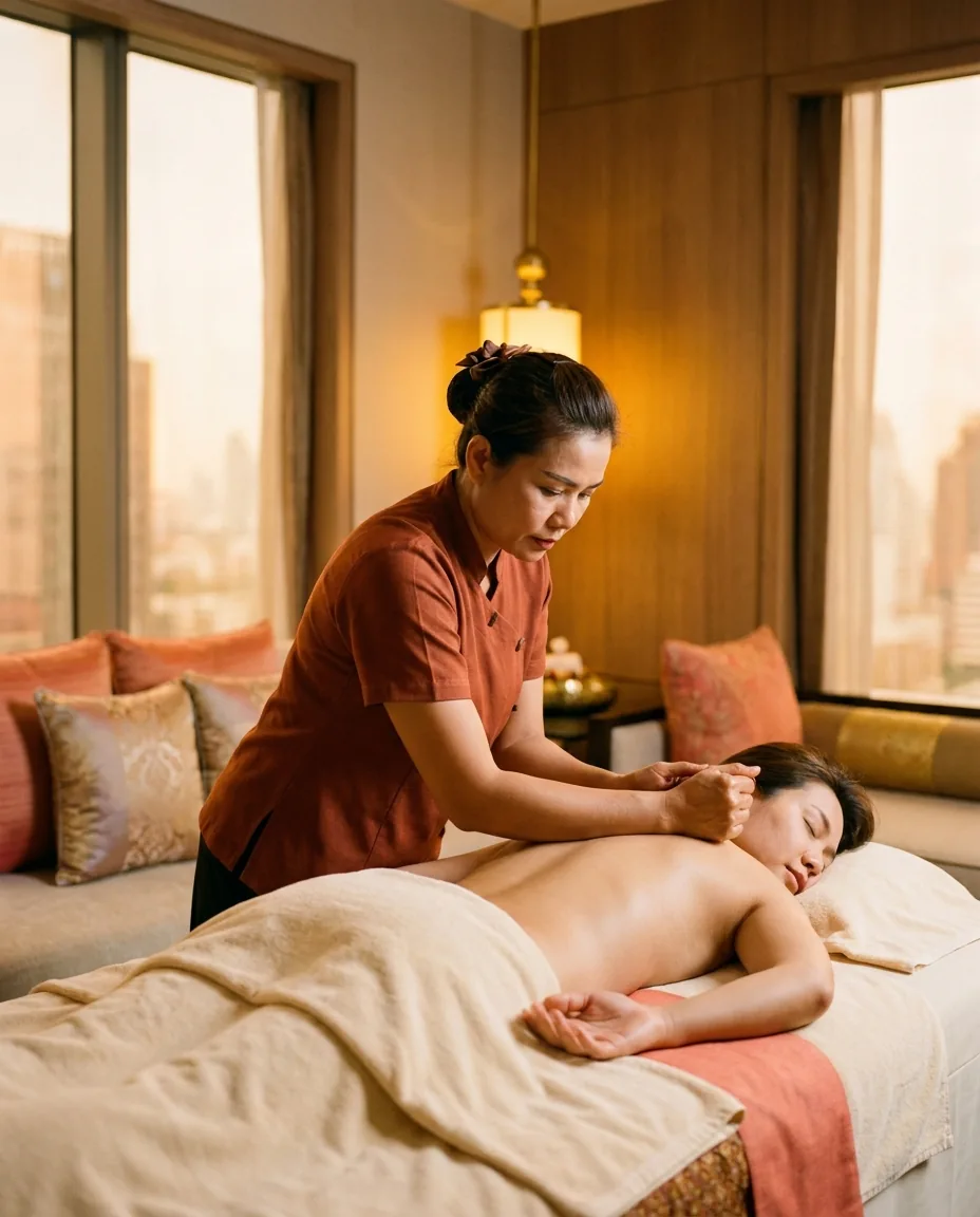 Licensed therapist applying firm forearm pressure along a guest's back during a deep tissue massage in a Bangkok hotel room