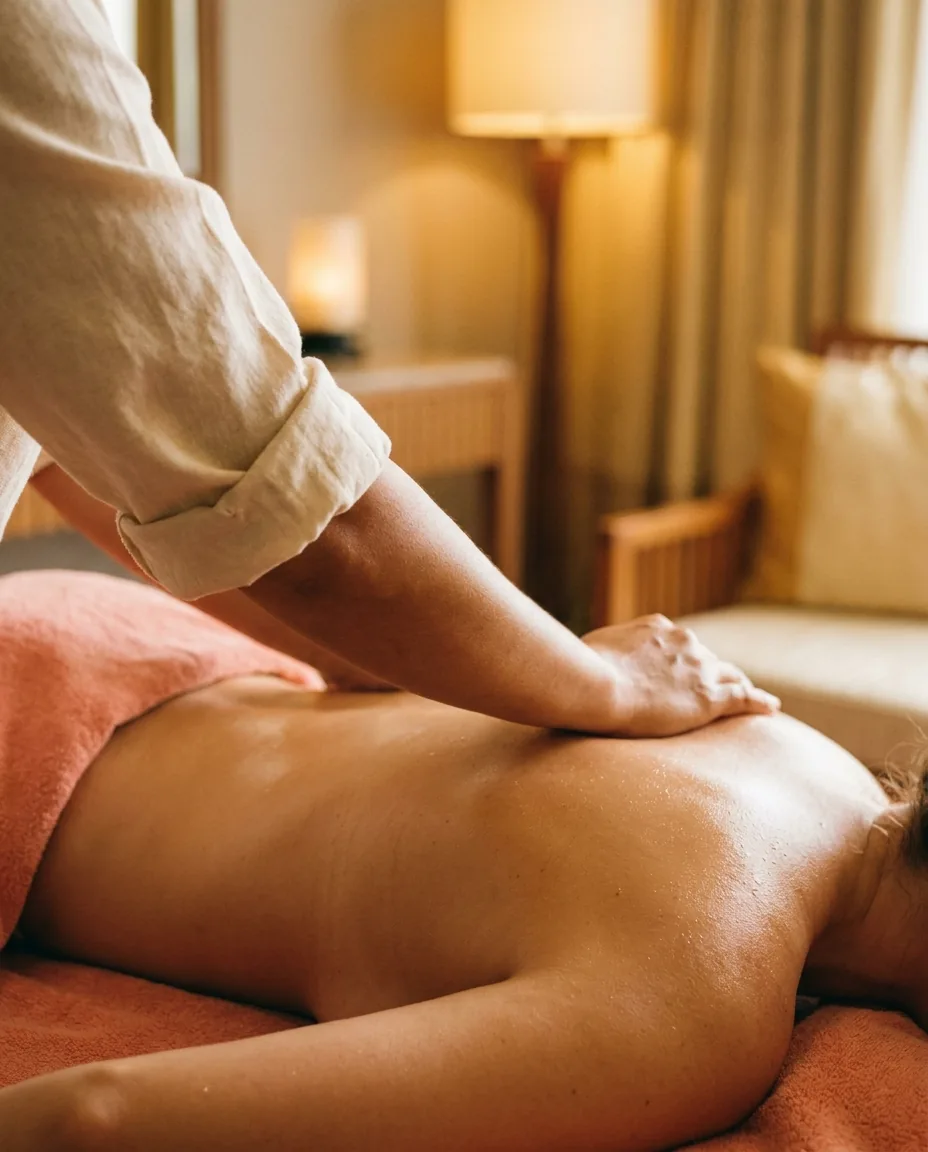 Therapist applying firm forearm pressure along a guest's upper back during an in-room deep tissue massage in Bangkok
