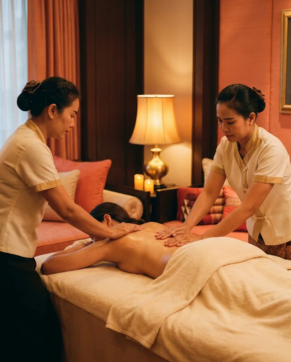 Two licensed therapists working in synchrony on a relaxed guest during a four hands massage in a Bangkok hotel room