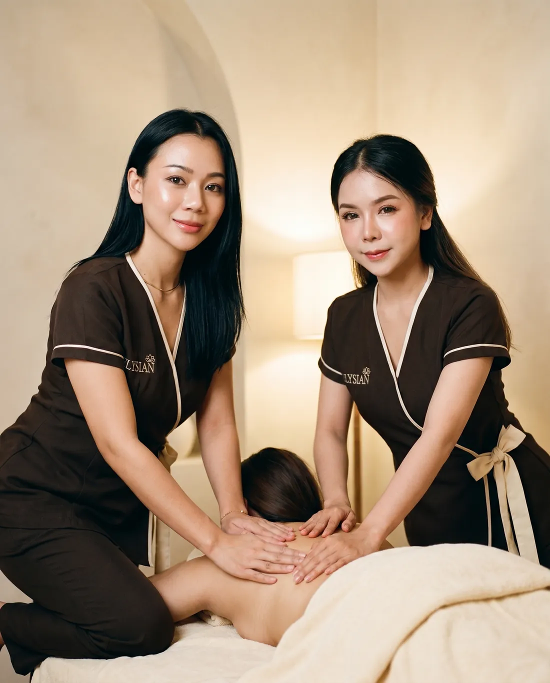 Two licensed therapists working in synchrony on a relaxed guest during a four hands massage in a Bangkok hotel room