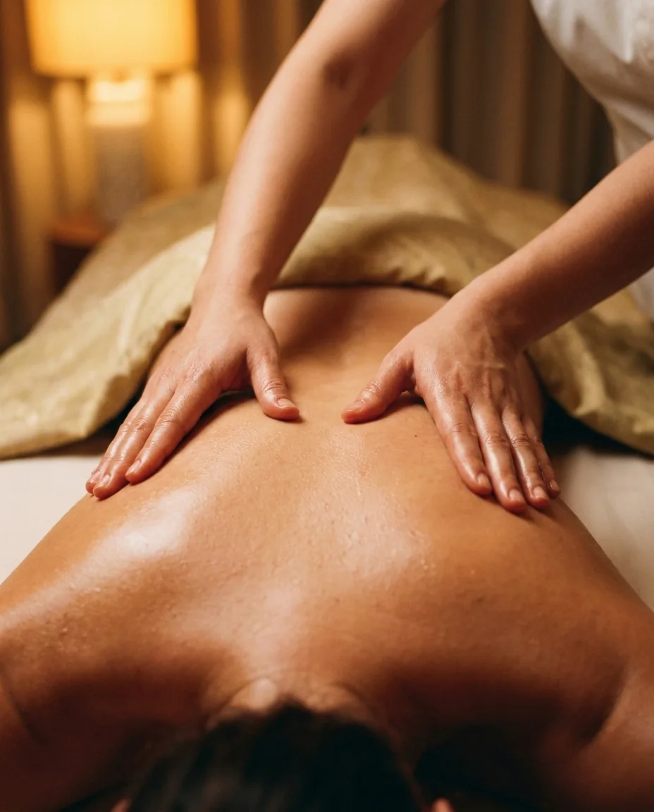 Two pairs of therapists' hands working in mirrored synchrony on a guest's back during an in-room four hands massage in Bangkok