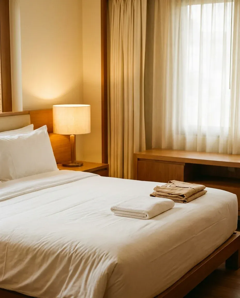 Fresh white sheets laid over a Bangkok hotel bed, prepared for an in-room traditional Thai massage